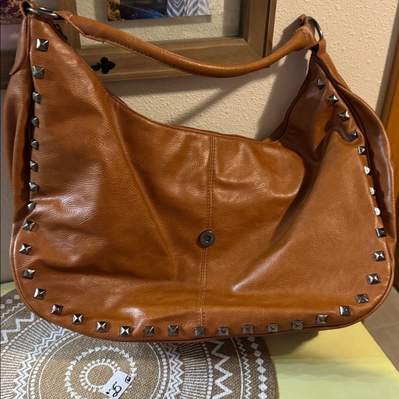 Studded Edgy Brown Vegan Leather Handbag - Picture 3 of 9